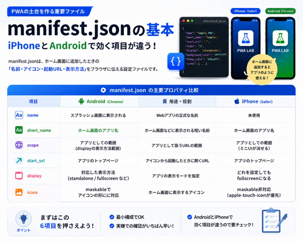 manifest.jsonの基本。これさえ設定すればPWA