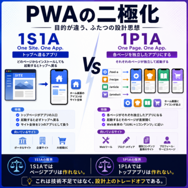 PWAの二極化：トップへ還る「1S1A」と、全ページをアプリ化する「1P1A」
