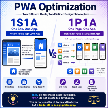 The Two Directions of PWA Design: “1S1A” That Returns to the Top and “1P1A” That Turns Every Page into an App